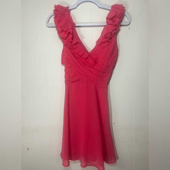 bebe, size 0 coral pink dress, ruffles, silky lining, crisscross back with slits - Picture 1 of 6